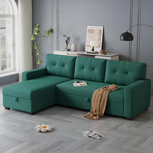 Image of Torque Lucia L Shape Sofa Cuma Bed with Storage- Green LHS | Folding Sofa Cum Bed for Living Room | L Shape 4 Seater Sofa for Guest Room Office