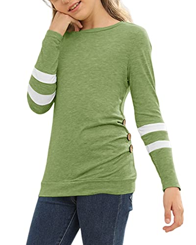 Remikstyt Girls Tunic Tops Long Sleeve Striped Crewneck Casual Button Down Shirts Green #TOP3