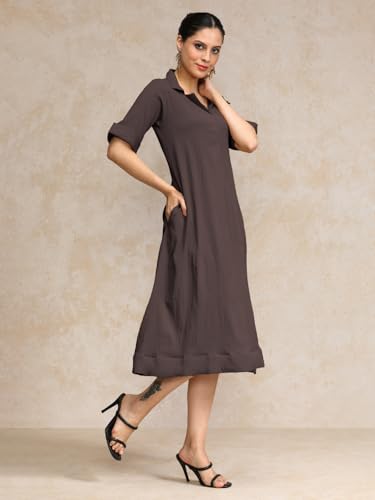 Image of Varanga Women Beige A -line Calf Length Dress Featuring Classic Shirt Collar and Short Sleeves which offering Comfort and Ease