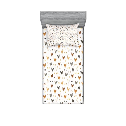 Ambesonne Rural Fitted Sheet & Pillow Sham Set, Chickens and Chicks Feathers Animals Rooster Cartoon Agricultural Setting, Decorative Printed 2 Piece Bedding Decor Set, Twinxl, Cinnamon Apricot