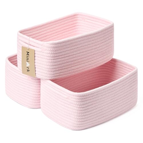 MiniArk Small Storage Baskets for Organizing | Closet Organizer Bins | Shelf Toy Basket | Woven Rope Baskets | Cube Decorative Box | Shallow Basket | 13x8.5x5.1” | 3 Packs Light Pink