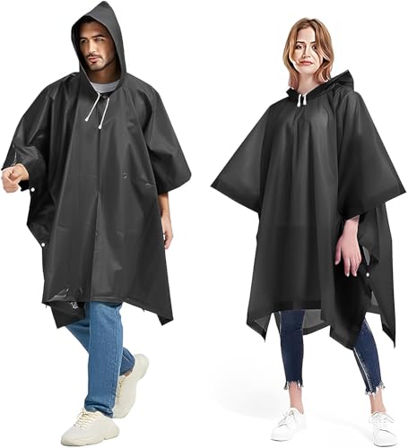 JITIFAZH 2 Stück Regenponcho, Wiederverwendbarer, Tragbarer Unisex-Regencape für Fahrrad, Wandern, Camping, Angeln, Konzert, Stadion, Festival(Schwarz+Schwarz)