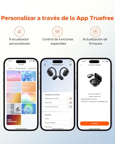 truefree O1 Auriculares de Oreja Abierta, Deportivos Bluetooth 5.3, Conducción de Aire, 4 Mic Llamadas Claras, Conductores de 16,2 mm, 45 Horas de Reproducción