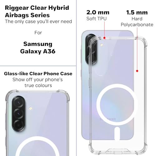 Image of RIGGEAR Shockproof Clear Hybrid Airbag Armor Magnetic Back Cover Case Compatible with MagSafe Accessories for Samsung Galaxy A36 5G (Clear PC+ Transparent TPU Bumper)