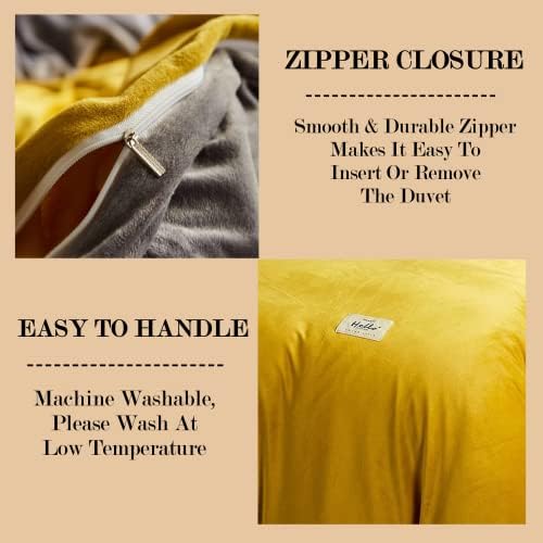 Beyeutao Soft Flannel Double Duvet Cover Warmth Bedding Set Solid Color Yellow Grey Duvet Cover Double Size Set 3 Pieces Bedding Set with Velvet Duvet Cover Pillowcases. (Yellow+Grey, Double)