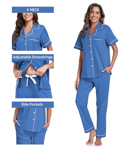 Image of CF Womens 100% Cotton Pajamas Set Button Down Pjs Sets Short Sleeve Top & Long Pants Sleepwear Comfy Loungewear with Pockets