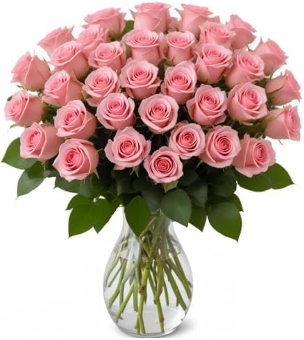 25 Pink Roses in Hand Blown Glass Vase