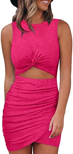 Acelitt Womens 2023 Summer Dresses Crew Neck Sleeveless Dress Sexy Bodycon Short Mini Dress Club Night Out Dresses Rose X-Large
