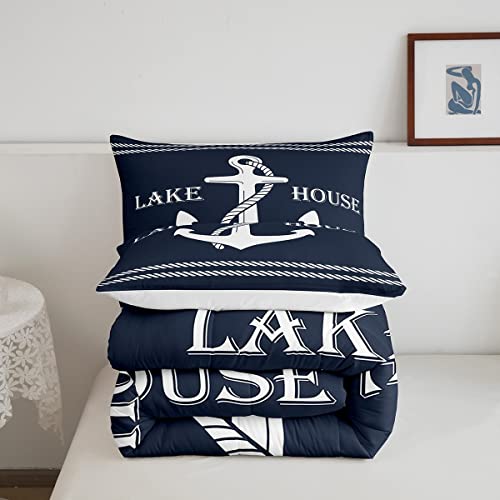 Lake Home Camper Comforter Set Queen Size,Nautical Anchor Bedding Set For Kids Girls Boys Adults Bedroom Decor,Sea Adventure Twines Down Comforter,Vintage Rustic Blue Duvet Insert,2 Pillowcases #TOP4