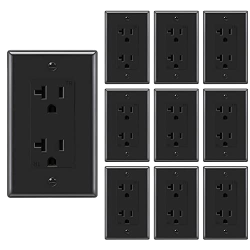 Decorator Receptacle Outlet With Wall Plate, 20 Amp, 125 Volt, Tamper Resistant, Grounding Ul Listed Black Micmi Glossy Black (20A Outlet With Wallplates 10Pack) #TOP10