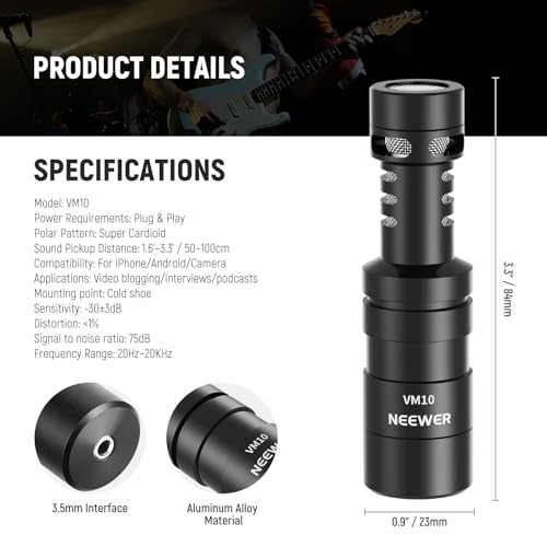 NEEWER Plug & Play Vlog Microphone for Camera, 20-20KHz Mini Supercardioid Mic Compatible with Sony Canon Nikon iPhone Samsung Android Tablet Mac with 3.5mm TRS USB C OTG Shock Mount Windscreen, VM10 by NEEWER - Image 4