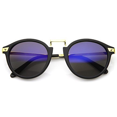 zeroUV Vintage Inspired Round Horned Rim P-3 Frame Retro Sunglasses (Black-Gold Ice)