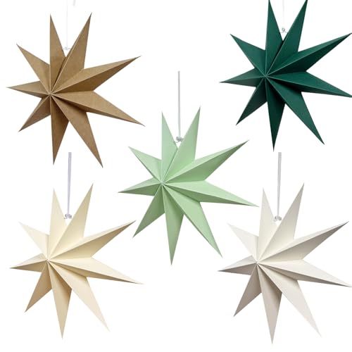 Konoz Papiersterne Weihnachten 5 Stück Faltsterne Neuneck, Papiersterne zum Zufhängen, Weihnachtsdeko, Weihnachtsstern Papier Stern Dekoration (Grün&Beige&Weiß&Khaki)