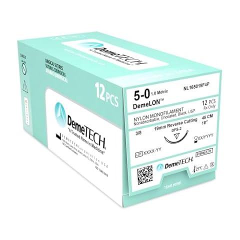 DEMETECH DemeLON Non-Absorbable Nylon Monofilament Suture, DFS-2, 19mm, 3/8 Circle, Reverse Cutting Needle, USP Size 5-0, 18 inches, (45cm), Black Cover