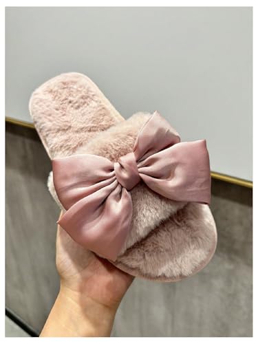 Women's Bow Knot Furry Fuzzy Slippers Open Toe Indoor Outdoor Bedroom House Slippers2