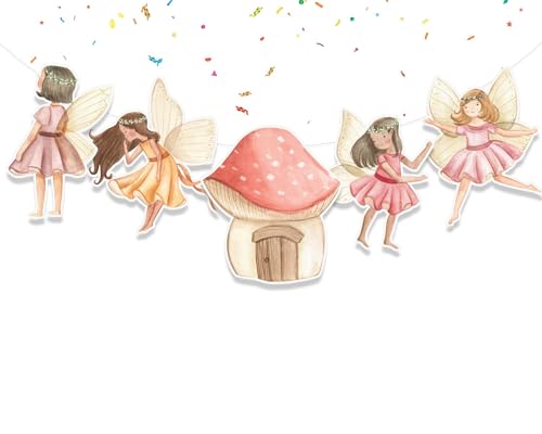 Fairy Banner Baby Shower Decorations Woodland Fairy Party Supplies with Mushroom and Ribbon for Girls Birthday or Fantasy Garden Theme