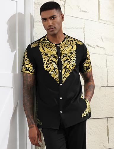 Mens African 2 Piece Set Nigerian Dashiki Metallic Short Sleeve Suit Gold Stamp Printed Shirt and Pants Outfit2