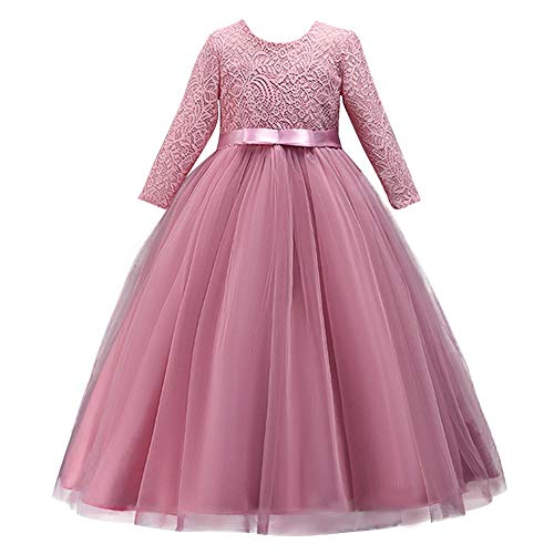 Kids Girls Bridesmaid 3/4 Sleeves Floor Length Tulle Vintage Lace Dress Birthday Pageant Party Evening Gown