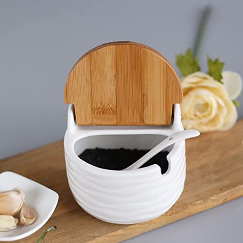 Saleiro Moderno de Porcelana Branco Tampa de Bambu Acompanha Colher Super Lindo Estilo Boho