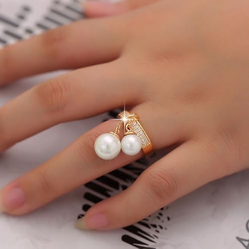 Kokoma Double Pearls Dangle Statement Ring for Women Girls Cubic Zirconia Stacking Engagement Promise Rings Wedding Band2