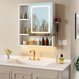 Armario Baño con Espejo LED iluminación y Función de desempañadora Armario Baño Espejo de Pared con reloj y pantalla de temperatura, Enchufe,6 compartimentos y Soporte para secador de Pelo,70x80x16cm