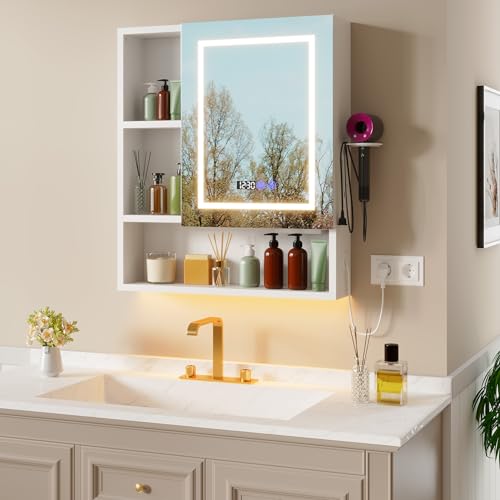Armario Baño con Espejo LED iluminación y Función de desempañadora Armario Baño Espejo de Pared con reloj y pantalla de temperatura, Enchufe,6 compartimentos y Soporte para secador de Pelo,70x80x16cm