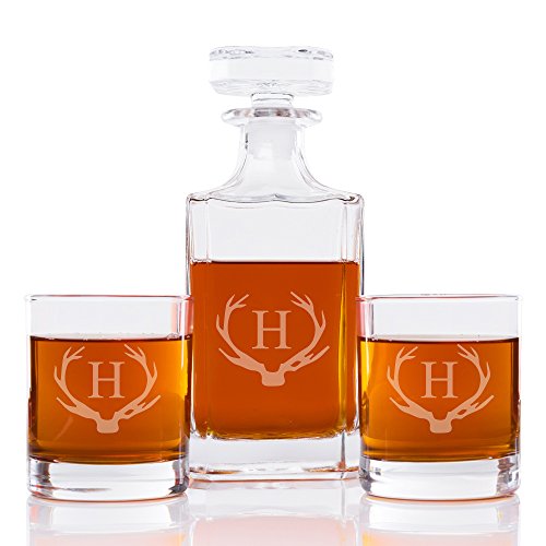 Abby Smith Antler Initial Whiskey Decanter and Rocks Glass Set, Letter H