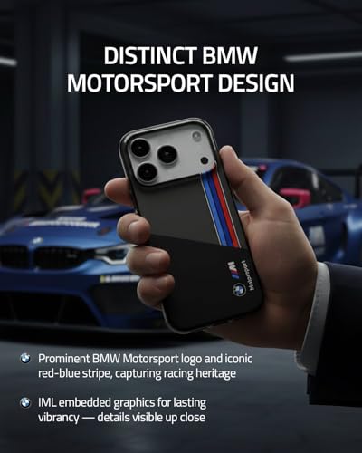 Image of CG MOBILE BMW [Official Licensed] Protective Case Designed for iPhone 17 Pro Max |Motorsport Collection|IML Printed Case with Vertical Stripes - Black