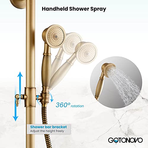 Gotonovo Antique Brass Exposed Bathroom Shower Faucet 8 Inch Rainfall Shower Head Wall Mounted With Shower Shelf Double Cross Handles Adjustable Handheld Sprayer Shower Shower System Dual Functions #TOP7