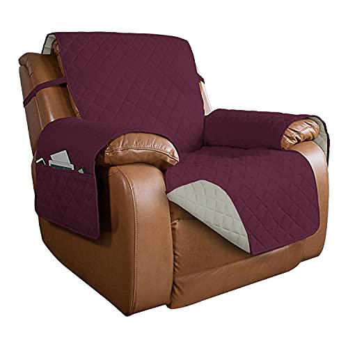 Image of PureFit Reversible Quilted Sofa Cover, Water Resistant Slipcover Furniture Protector, Washable Couch Cover with Non Slip and Elastic Straps for Kids, Dogs, Pets (Oversized Recliner, Wine /Beige)