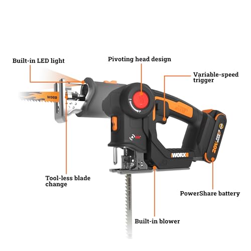 WORX Cordless Reciprocating Saw & Jigsaw, 20V 3/4-Inch 2-in-1, WX550L | 4 Blades for Different Materials, Compact and Lightweight Design, Battery and Charger Included, PowerShare - image 7