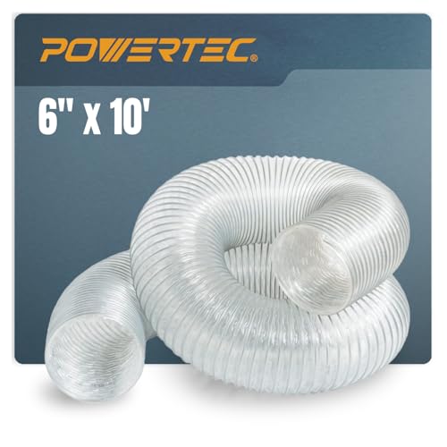 POWERTEC 70256 6" x 10' Anti Static PVC Dust Collection Hose for Dust Collector for Woodworking and Shop Vacuum, 6 Inch Dust Collector Hose for Dust Collection Fittings