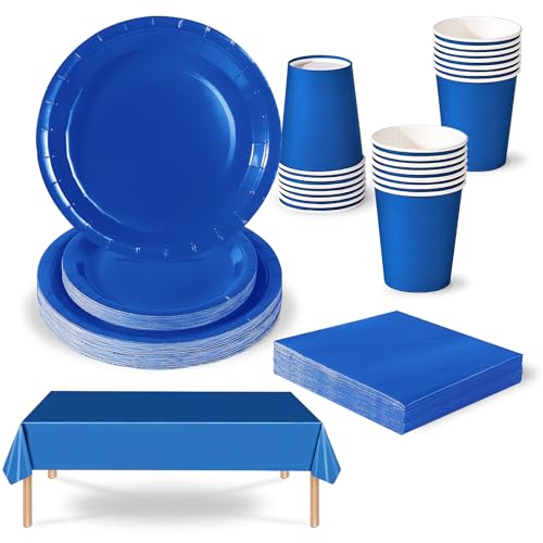 69 piezas Azul Platos Desechable Juego de Vajilla Desechable Decoración Cumpleaños Fiesta,Platos Servilletas Copa de Papel y Mantel,para Bodas,Picnics,Baby Shower,Biodegradable,Compostables