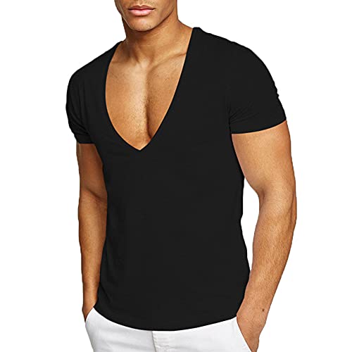 pour des Hommes T-Shirt,Col en V Manche Courte-Shirt Top,Débardeur De Sport pour Homme,Débardeur À Col en V Profond Top Stretch À Séchage Rapide Noir XL Cover