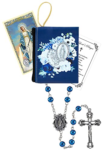 Rosary Miraculous Medal - with Miraculous Medal Prayer Card, Floral Zippered Rosary Case, The Lord's Prayer Card | Sapphire Miraculous Medal Rosary | Miraculous Medal Rosary Beads Set | 3 Items