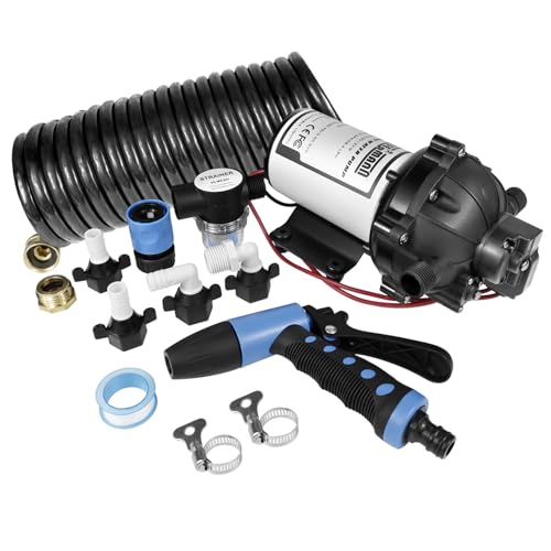 WASSERMANN 12V DC Washdown Pump Kit, 7.5GPM 80PSI, 5-Chamber Self-Priming Diaphragm Pump with Pressure Switch, Coiled Hose, Spray Nozzle for Boat Marine Yacht Freshwater Garden RV