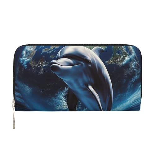 Portefeuille en cuir pour femme avec fermeture éclair Dolphin Earth et porte-cartes