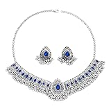 IMINI Vintage Indian Jewellery Set for Women: Antique Silver Oxidised Choker Necklace & Earrings, Boho Bridal Wedding Gift with Crystals, Festive Ethnic Party Wear (Blue)