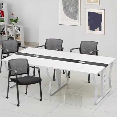 Image of CLATINA Rolling Conference Room Chairs Set of 8, Stackable Office Guest Reception Chair with Armrests and Wheels, Mesh Back Waiting Room Stools for Office, School, Lobby, Church, Black