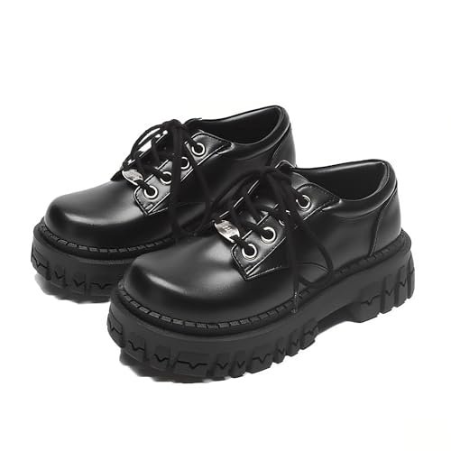 Women's Leather Chunky Platform Goth Oxford Shoes with Metal Decor Simple Big Wide Toe Comfort Non-Slip Lug Sole Lace-up Punk Work Dress Shoes (Black,5)