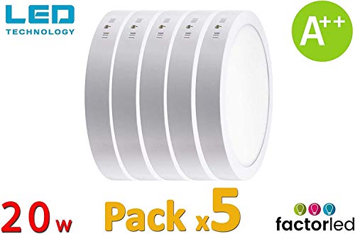 FactorLED ¡NOVEDAD! PACK x5 Downlight Panel Superficie LED Circular 20W, Plafón redondo para techo, Varias temperaturas (3000K-4000K-6000K), [Clase de eficiencia energética A++] (Luz Natural (4000K))
