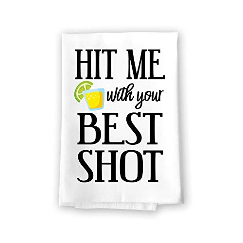 Honey Dew Gifts Funny Kitchen Towels, Hit Me with Your Best Shot Flour Sack Towel, 27 inch by 27 inch, 100% Cotton, Multi-Purpose Towel