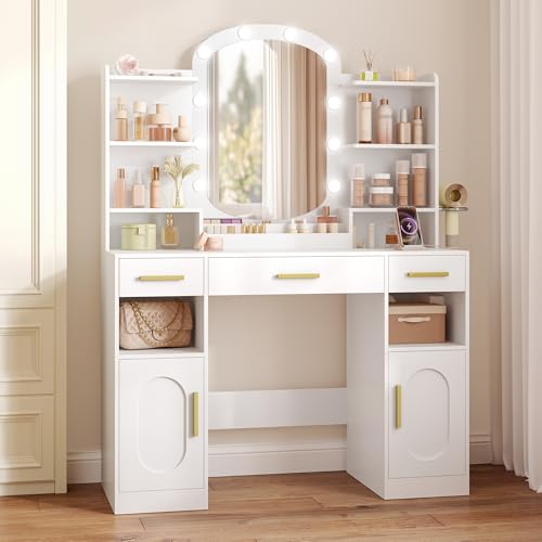 HEXCELEN Tocador, Mesa de Maquillaje con Espejo Ovalado y Luces LED con Brillo Ajustable, Enchufes, Soporte para Secador de Pelo, Tocador de Maquillaje, 3 Cajones, 2 Armarios, Blanco - imagen 7