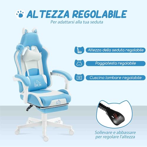Sedia Gaming Ergonomica con Orecchie da Gatto, Poltrona Gaming Ufficio Reclinabile in Finta Pelle con Poggiapiedi, Poggiatesta e Altezza Regolabile, Supporto Lombare e Cervicale, Azzurro - Sedia gaming - Immagine 4