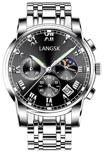 HUNRUY Mens Stainless Steel Luminous Analog Quartz Watches Waterproof Date Casual Wrist Watch (Silver Black)