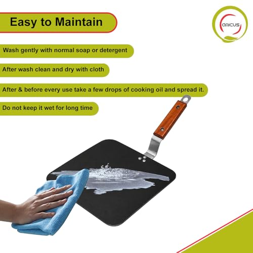 Image of amicus Pure Iron Tawa for Roti Dosa Chapati Omelette, Flat Square Iron Tava, Gas Stove Compatible, 9X9 Inch, 1.25 Kg, Black, 100% Smooth Food Grade, Multi-Purpose Tawa