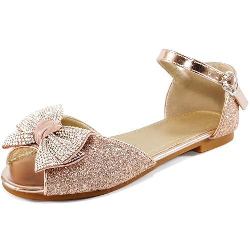 Image of Aomigoct Girls Dress Shoes Sandals : Gold 6 Big Kid Glitter Princess Flats for Birthday Wedding Party - Little Kid School Walking Shoe