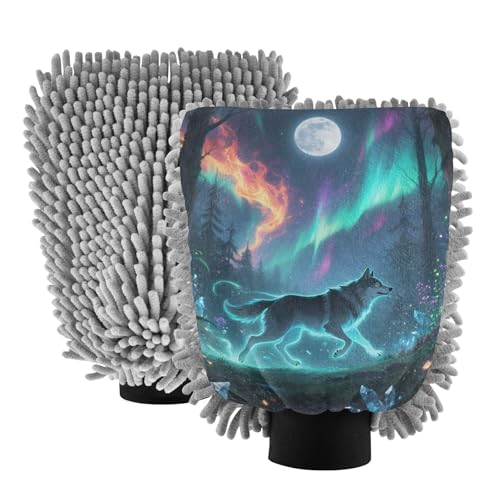 ALAZA Aurora Polar Lights Wolf Car Wash Mitt Scratch Free, 2 Pack Absorbent Microfiber/Chenille Washing & Drying Mitts, L