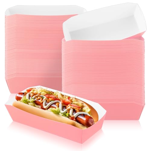 Yeaqee 100 Pcs 7 Paper Hot Dog Trays Disposable Paper Food Nacho Boats Hot Dog Holders Food Plates Disposable Serving Trays for Carnivals, Parties, Dinner, Cookouts (Pink)