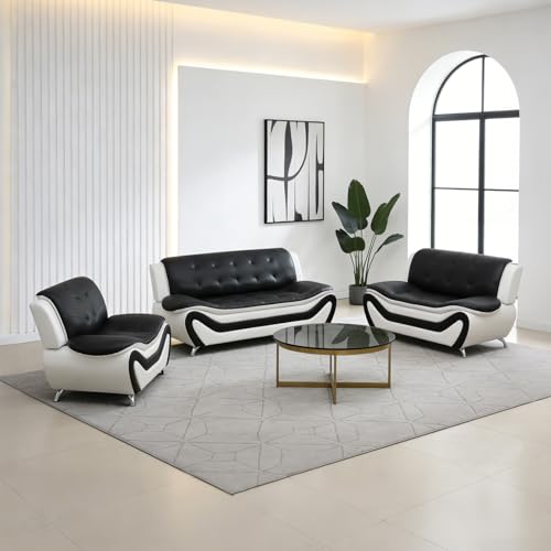 Image of Faux Leather Sofa Set, 3 Piece Living Room Furniture Set - Modern Couch Set with Loveseat & Chair, Small Space Sofa Set for Apartment, Office or Reception Room, Black & White